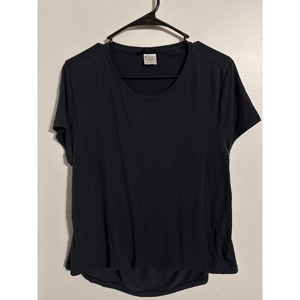 Athleta Women Black Open Back Short Sleeve Workout Top Size L Modal Blend